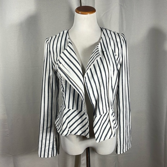 LOFT  black and White Striped Blazer light denim peplum cut - Picture 1 of 5